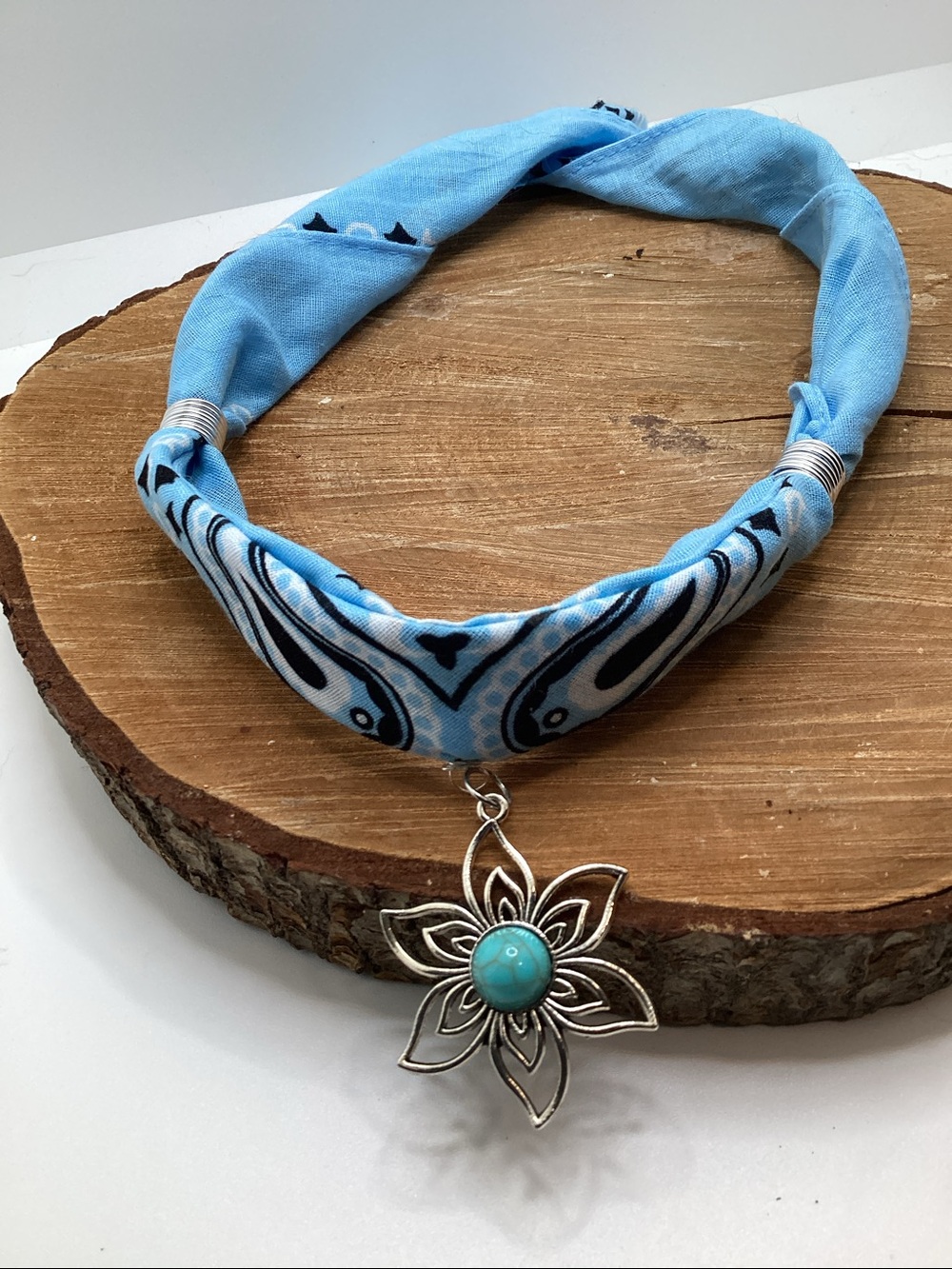 Light Blue Bandana Necklace with Floral Turquoise Pendant
